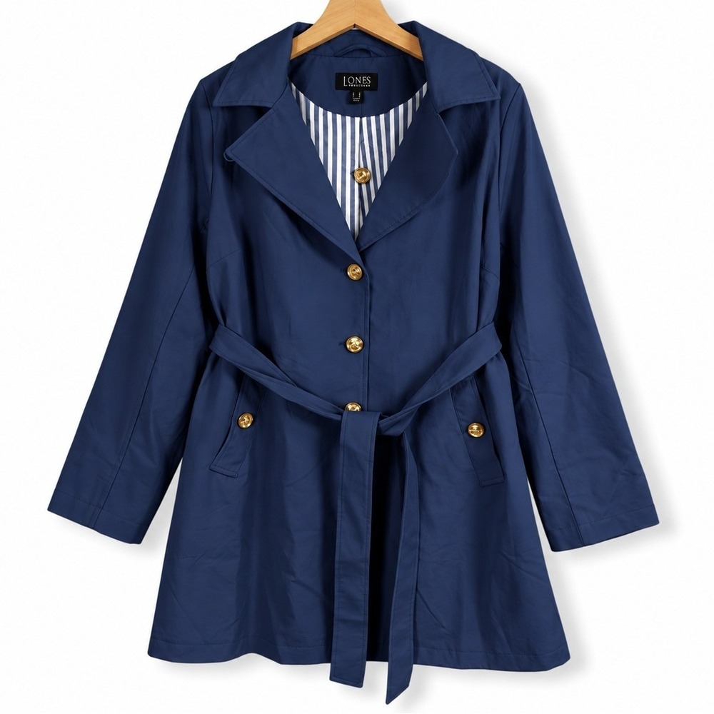 Dennis Basso Jacket Womens Large Navy Water Resistant Trench Coat Hood A679223